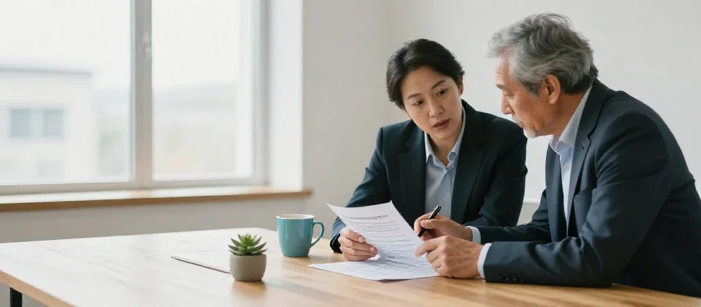 Emprendedora y asesor revisando documentos estratégicos para la creación de una nueva empresa exitosa.