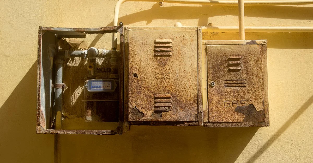 Gros plan sur des boîtes en métal rouillé avec des tuyaux et un compteur d'eau sur une surface murale jaune.