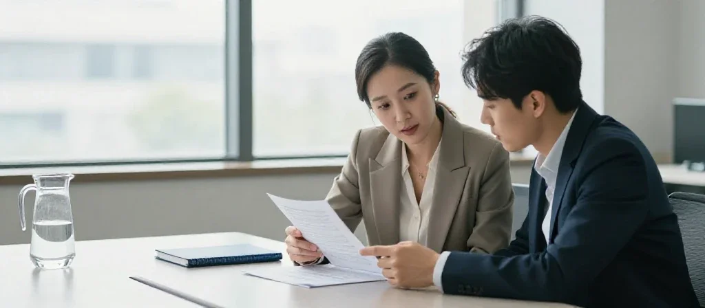 Dos profesionales colaboran en una oficina luminosa revisando documentos de gestión de recursos humanos.